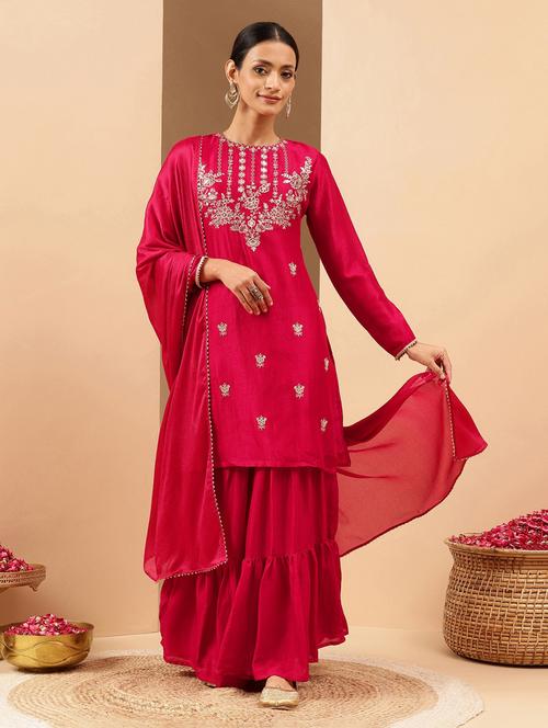 Pink Silk Blend Kurta Sharara Set - 22439851 - Very Small Image - 1