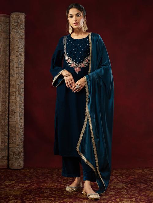 women teal kurta dupatta set - 22440064 - Very Small Image - 1