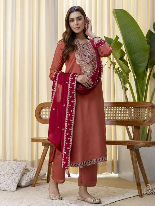 Women Orange Kurta Dupatta Set - 22440409 - Very Small Image - 1
