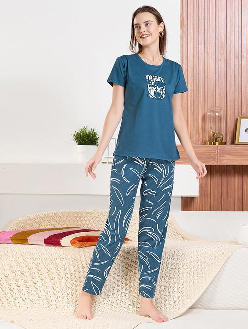 women blue printed  cotton pyjama set nightwear set - 22440725 - Very Small Image - 1