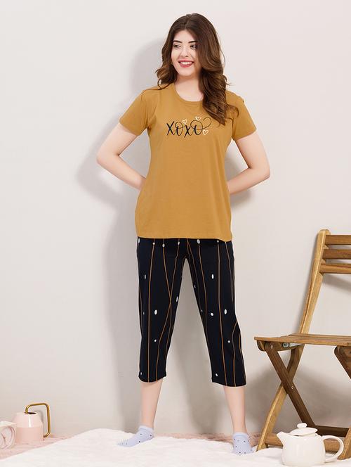 women mustard printed  cotton capri set nightwear set - 22440733 - Very Small Image - 1