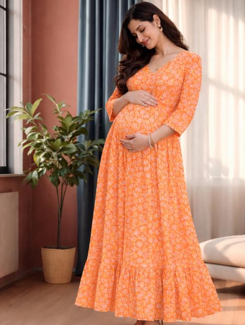 women orange cotton a-line dress - 22447566 - Very Small Image - 1