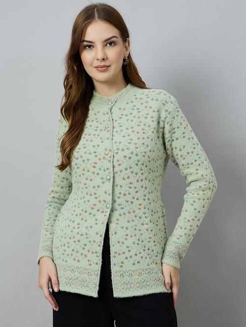 women sea green acrylic plain cardigan - 22448124 - Very Small Image - 1