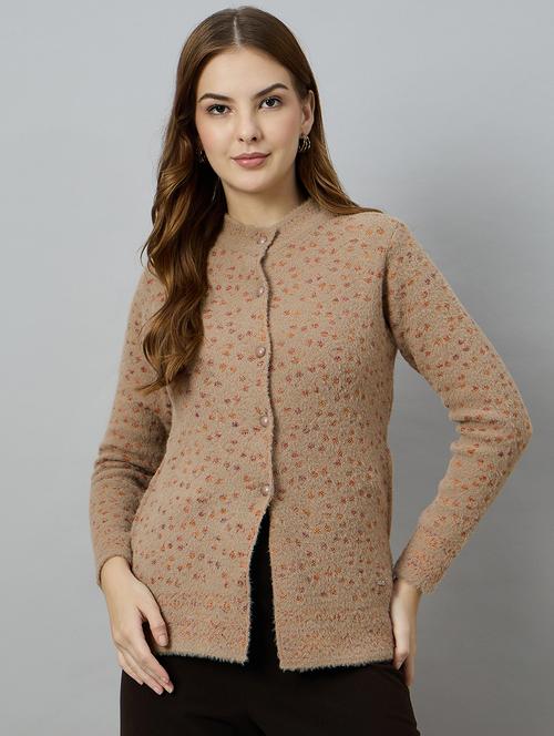 women brown acrylic plain cardigan - 22448125 - Very Small Image - 1