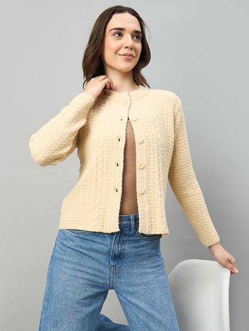 women beige acrylic plain cardigan - 22448225 - Very Small Image - 1