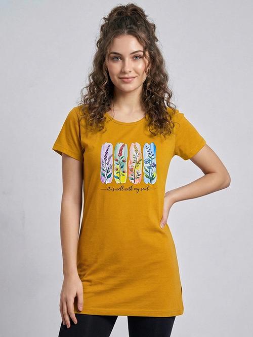 Women Printed Gold Cotton Blend Regular T-shirt - 22451329 - Very Small Image - 1