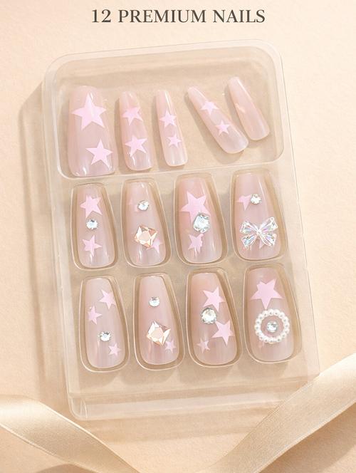 nude pink star design stick on artificial nails set of 12 with rhinestone & butterfly charm - 22451522 - Very Small Image - 1