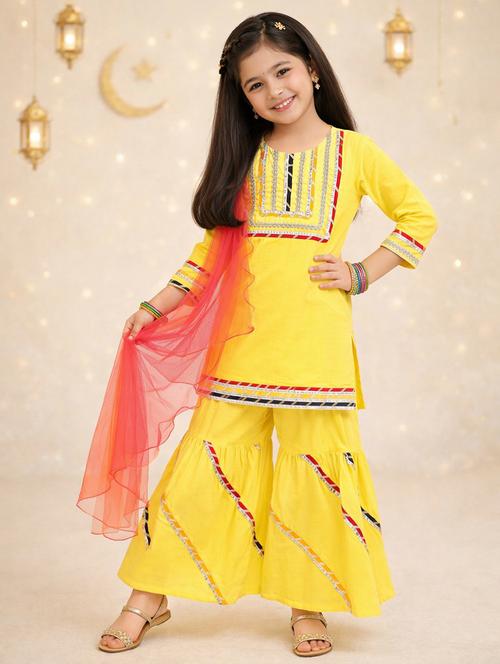 girls yellow cotton gota patti kurta sharara set - 22452088 - Very Small Image - 1