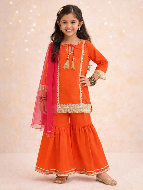 kids orange cotton kurta sharara set suit set - 22452091 - Very Small Image - 1