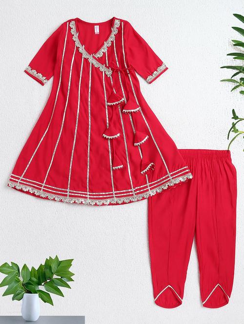 girls red polyester lehenga choli - 22452115 - Very Small Image - 1