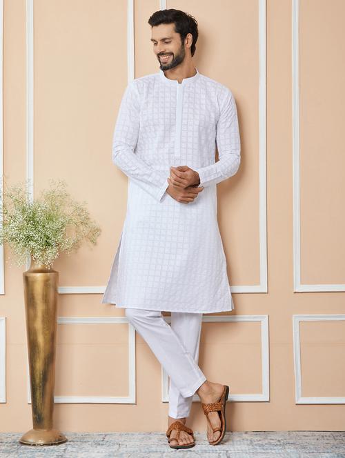 men solid with work mandarin neck kurta pyjama set - 22452669 - Very Small Image - 1