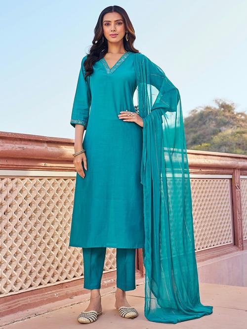 women solid with work three quarter sleeve kurta pant with dupatta set - 22454475 - Very Small Image - 1