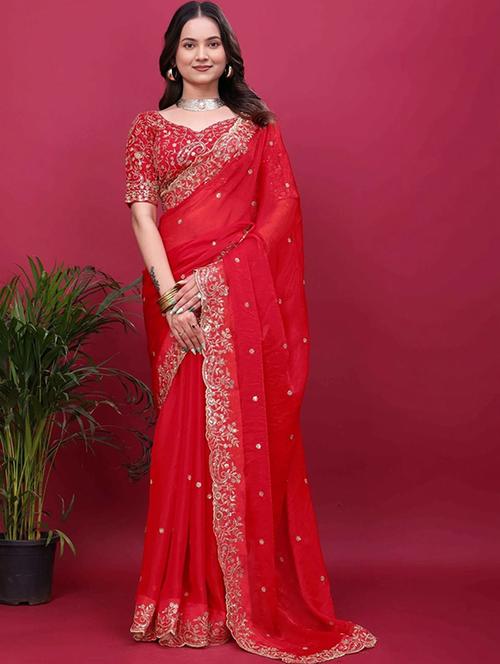 Women Solid With Work Embellished Saree With Blouse - 22457356 - Very Small Image - 1