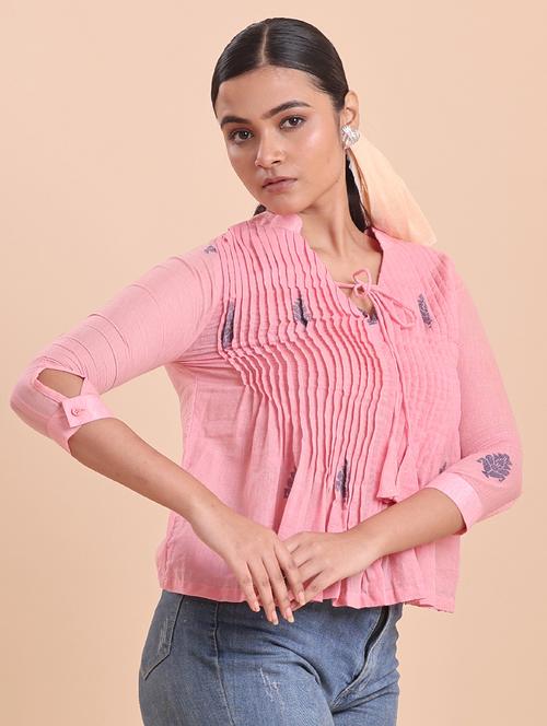 women solid pink cotton regular top - 22461073 - Very Small Image - 1