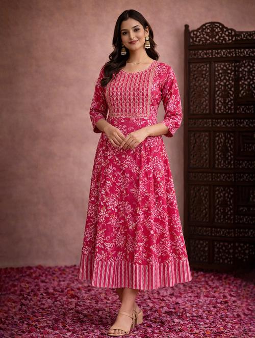 women pink cotton fit & flare dress - 22463341 - Very Small Image - 1