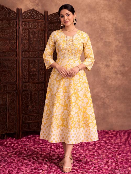 women yellow cotton fit & flare dress - 22463345 - Very Small Image - 1