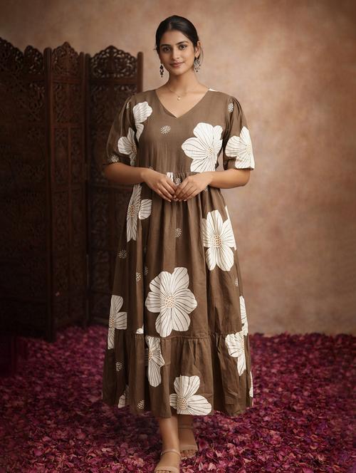 women brown cotton fit & flare dress - 22463353 - Very Small Image - 1
