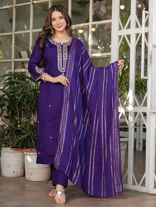 Women Embroidered Three Quarter Sleeve Kurta Pant With Dupatta Set - 22466338 - Very Small Image - 1