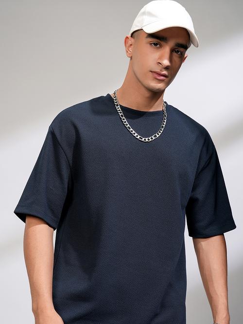Navy Blue Textured Fabric Oversized T-shirt - 22469451 - Very Small Image - 1