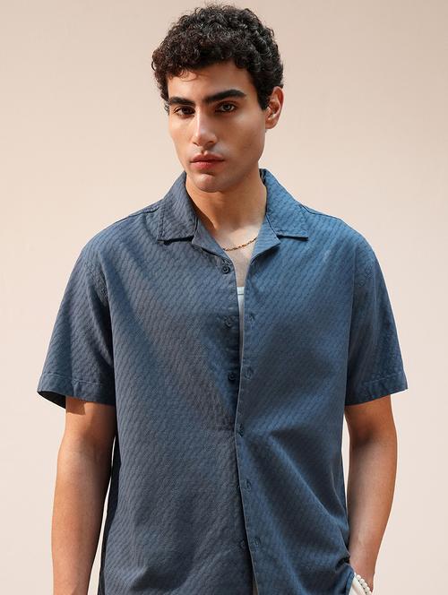 Men Blue Cotton Self Design Cuban Collar Shirt - 22469772 - Very Small Image - 1