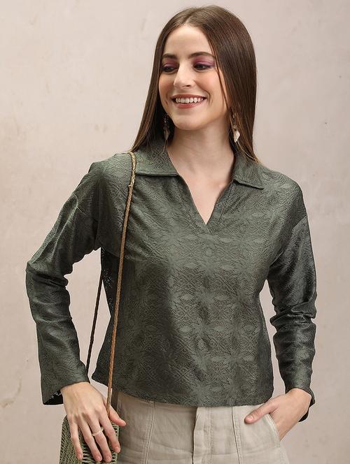 women self design olive polyester regular top - 22470960 - Very Small Image - 1