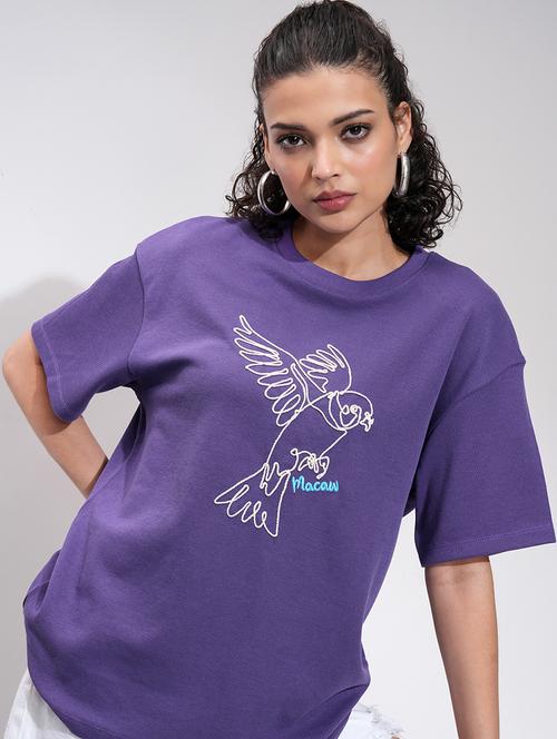 Women Printed Purple Cotton Regular T-shirt - 22471113 - Very Small Image - 1