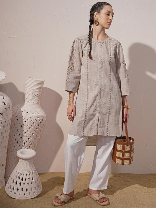 women beige cotton a-line kurta - 22471403 - Very Small Image - 1