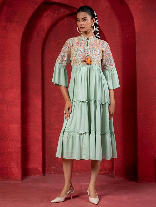 Women Printed Green Viscose Fit & Flare Ethnic Dress - 22473103 - Very Small Image - 1