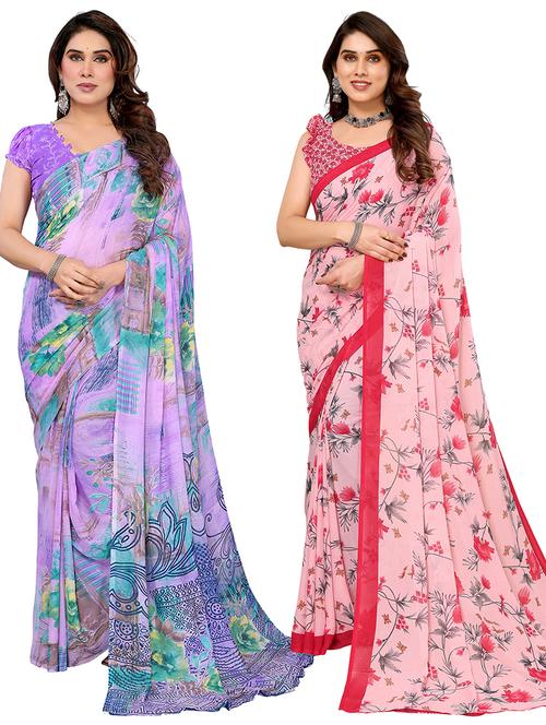 women pack of 2 printed combo saree with blouse - 22474262 - Very Small Image - 1