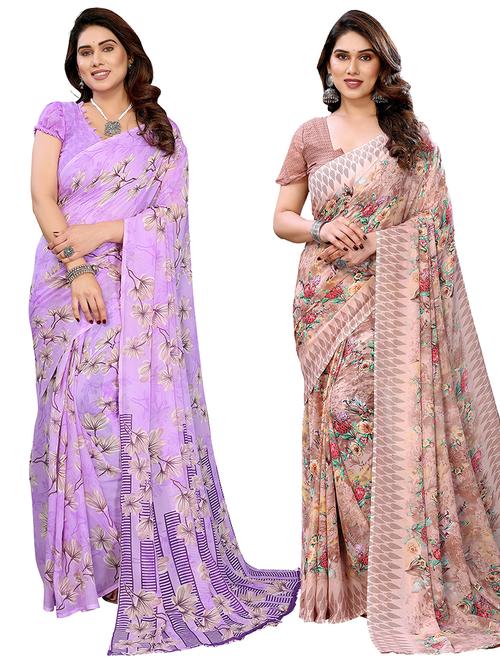 Women Pack Of 2 Printed Combo Saree With Blouse - 22474580 - Very Small Image - 1
