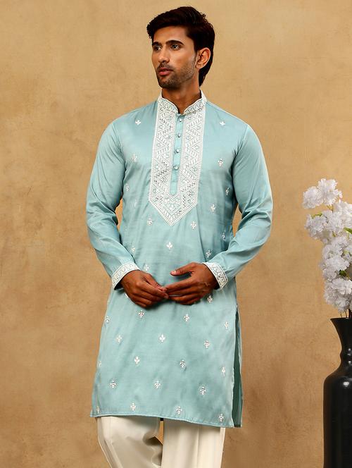 Men Blue Silk Blend Long Kurtas Kurta - 22476956 - Very Small Image - 1