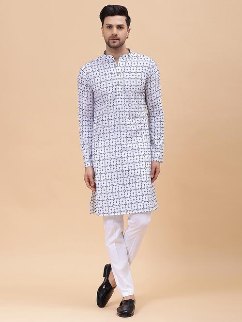 men solid with work mandarin neck kurta pyjama set - 22481070 - Very Small Image - 1