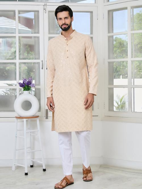 men solid with work mandarin neck kurta pyjama set - 22481244 - Very Small Image - 1
