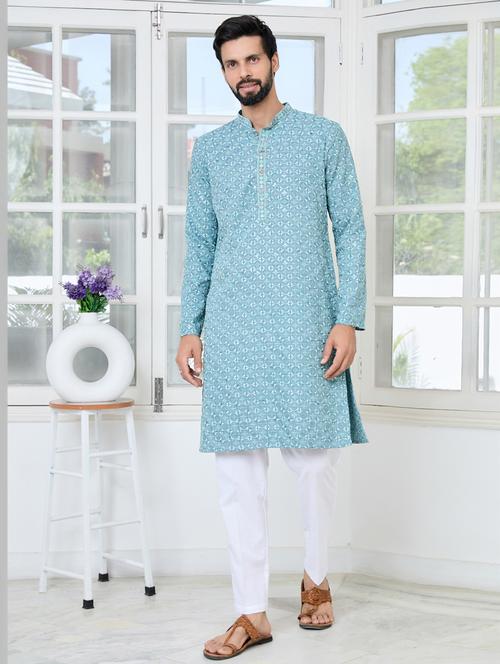 Men Solid With Work Mandarin Neck Kurta Pyjama Set - 22481257 - Very Small Image - 1