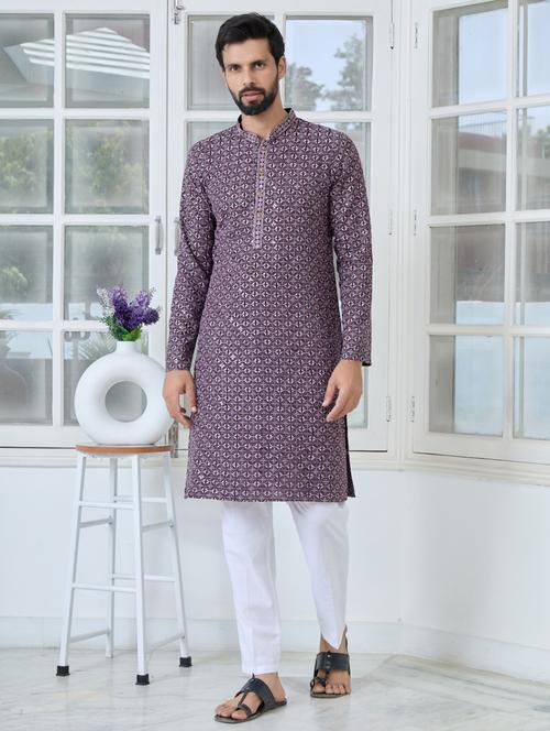 men solid with work mandarin neck kurta pyjama set - 22481261 - Very Small Image - 1