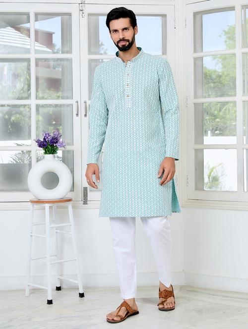 men solid with work mandarin neck kurta pyjama set - 22481292 - Very Small Image - 1