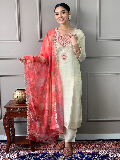 women solid with work three quarter sleeve kurta pant with dupatta set - 22481728 - Very Small Image - 1