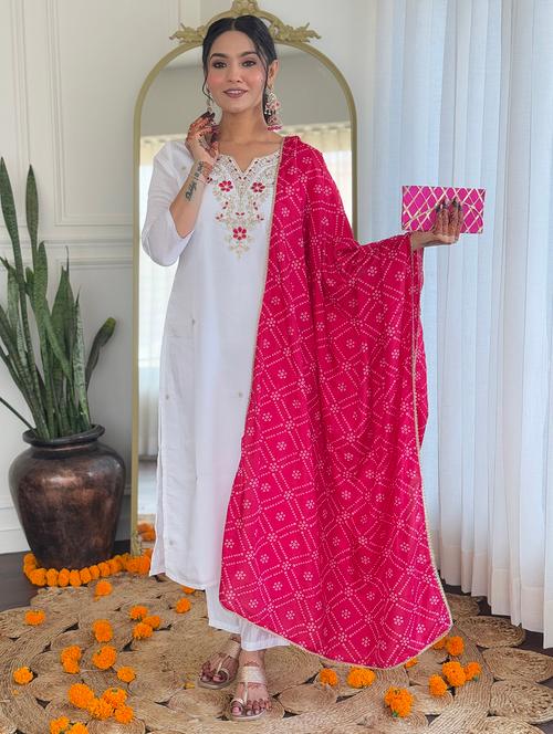 Women Solid With Work Three Quarter Sleeve Kurta Pant With Dupatta Set - 22481735 - Very Small Image - 1