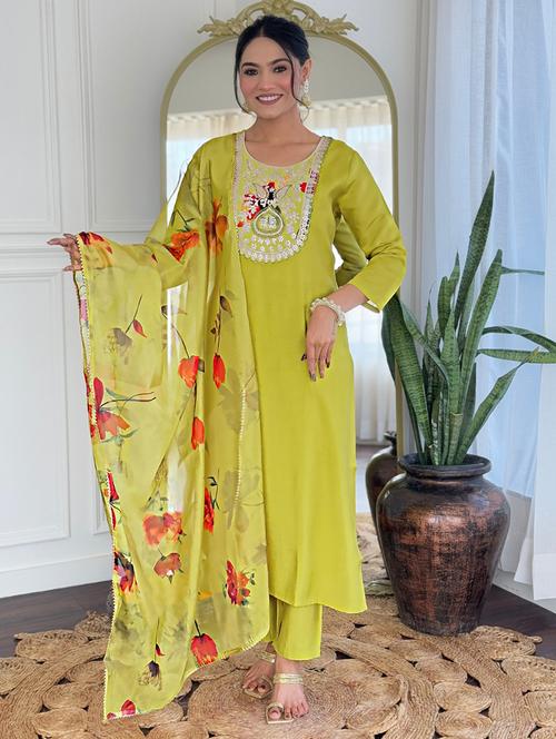 women solid with work three quarter sleeve kurta pant with dupatta set - 22481743 - Very Small Image - 1