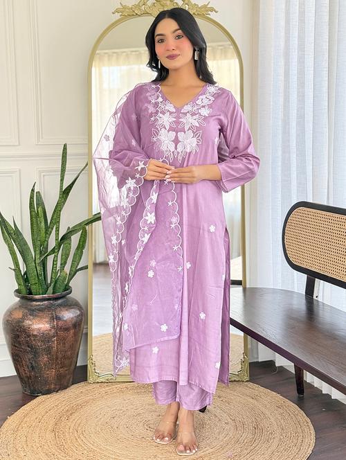 women solid with work three quarter sleeve kurta pant with dupatta set - 22481749 - Very Small Image - 1