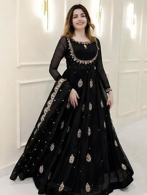 women embroidered round neck gown with dupatta - 22486301 - Very Small Image - 1