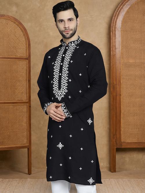 men solid with work mandarin neck long kurta - 22489377 - Very Small Image - 1