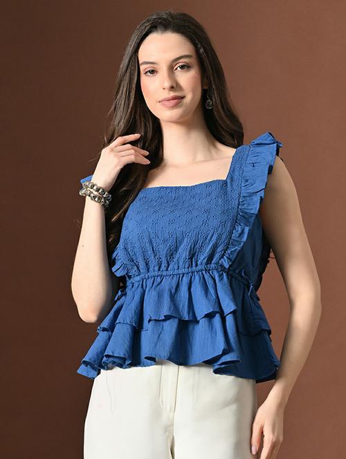 Women Self Design Square Neck Peplum Top - 22494853 - Very Small Image - 1