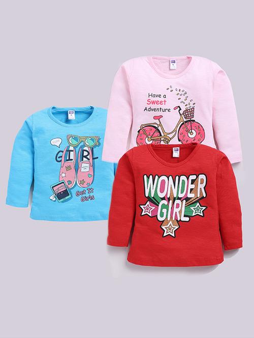Girls Pack Of 3 Front Printed Round Neck Tees - 22498297 - Very Small Image - 1