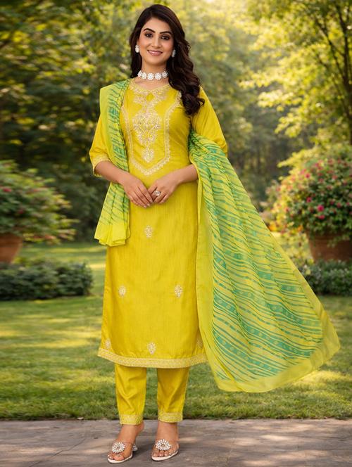 Women Solid With Work Three Quarter Sleeve Kurta Pant With Dupatta Set - 22501898 - Very Small Image - 1