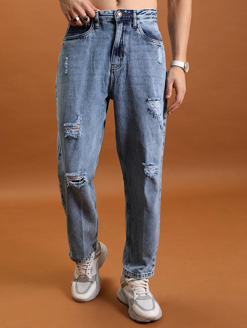 men distress mid rise full length barrel jeans - 22504601 - Very Small Image - 1