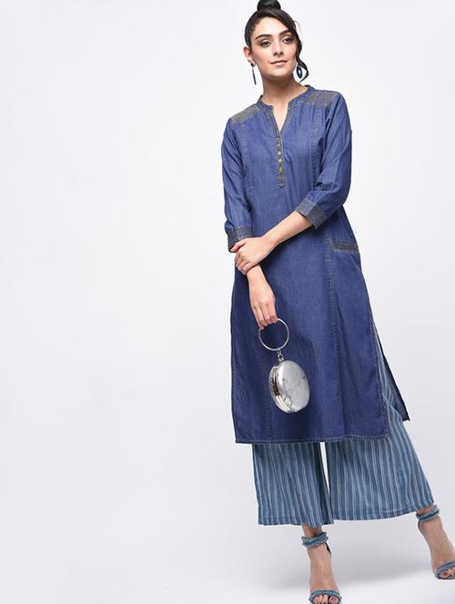 women solid three quarter sleeve denim straight kurta - 22504898 - Very Small Image - 1