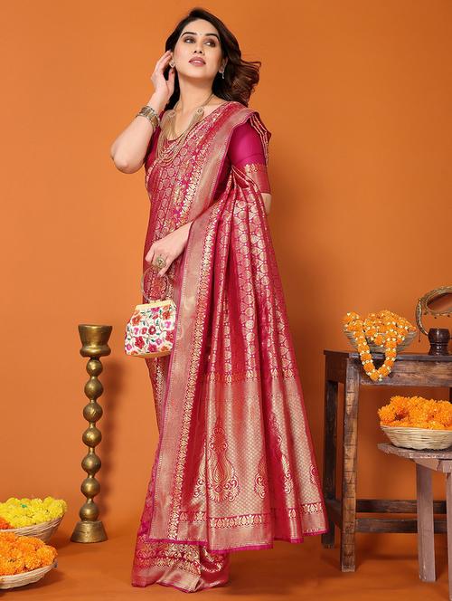 Women Self Design Banarasi Saree With Blouse - 22505576 - Very Small Image - 1