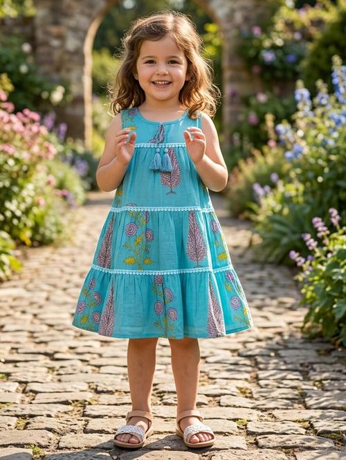girls printed sleeveless tiered frock - 22511221 - Very Small Image - 1