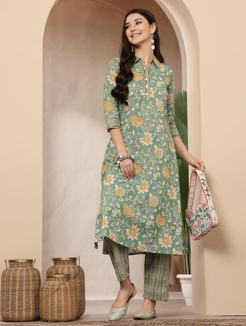 women printed collared kurta and pant set - 22514436 - Very Small Image - 1